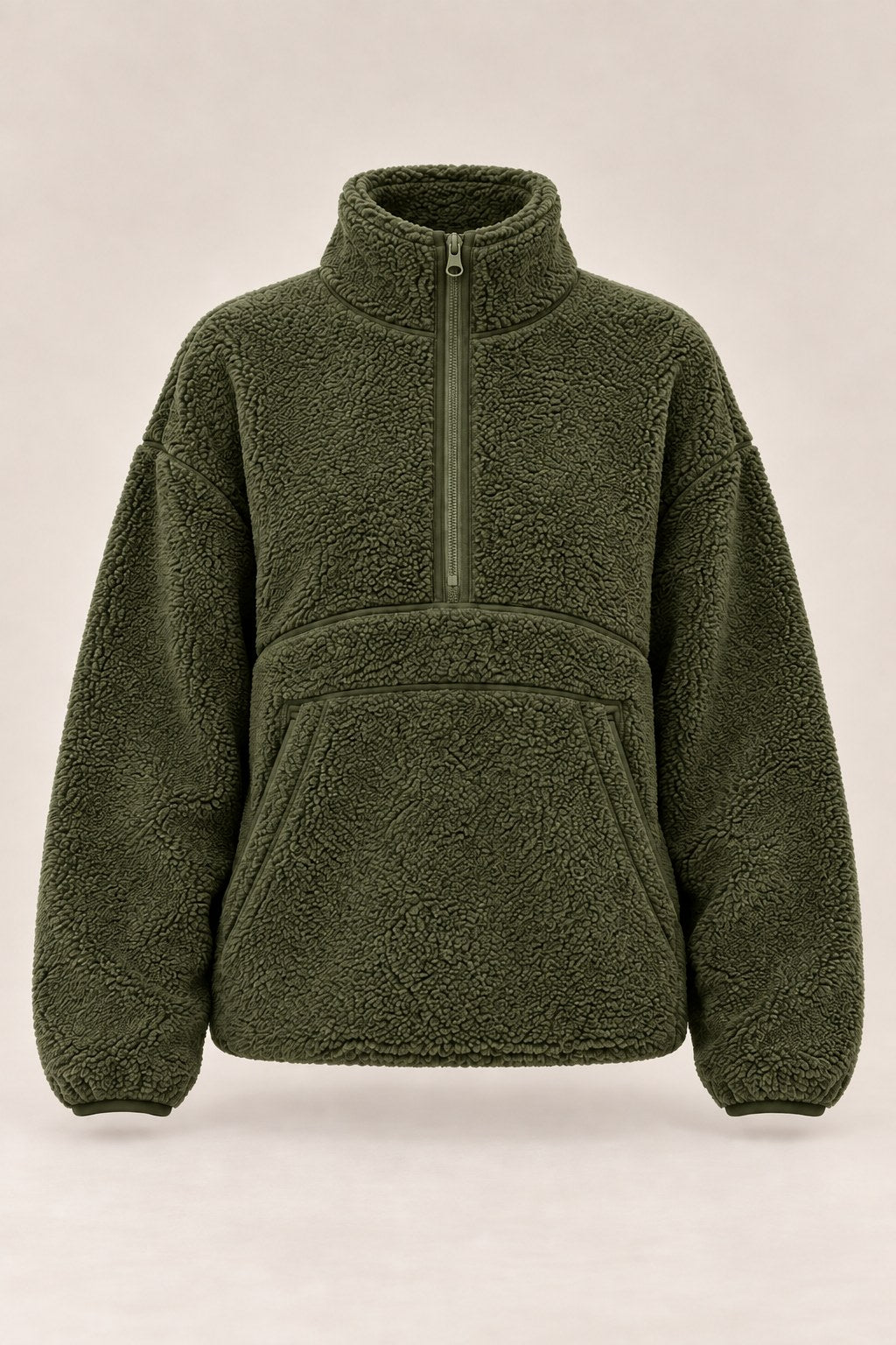 Julia – bluza sherpa z półzamkiem, kolor oliwkowy – przód